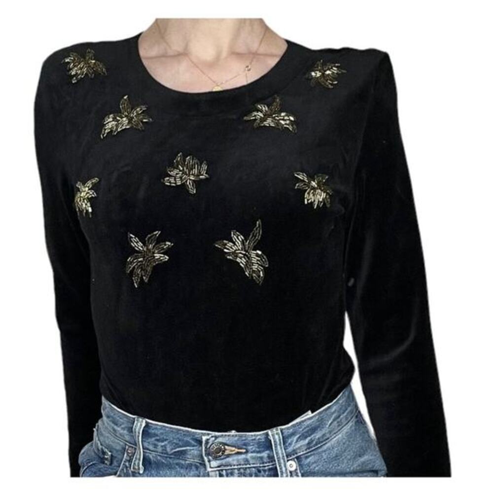 Vintage Oleg Cassini beaded‎ velvet bodysuit black silver
